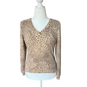 Tweeds 100% Cashmere Leopard V-Neck Sweater Women's Size S/M Big Cat Mob Wives
